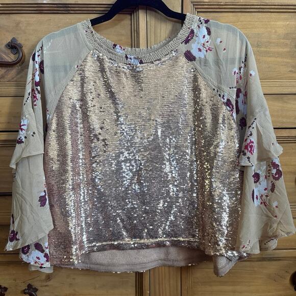 Free People Shimmy Shake Floral Sequin Top In Champagne XS - Picture 1 of 6